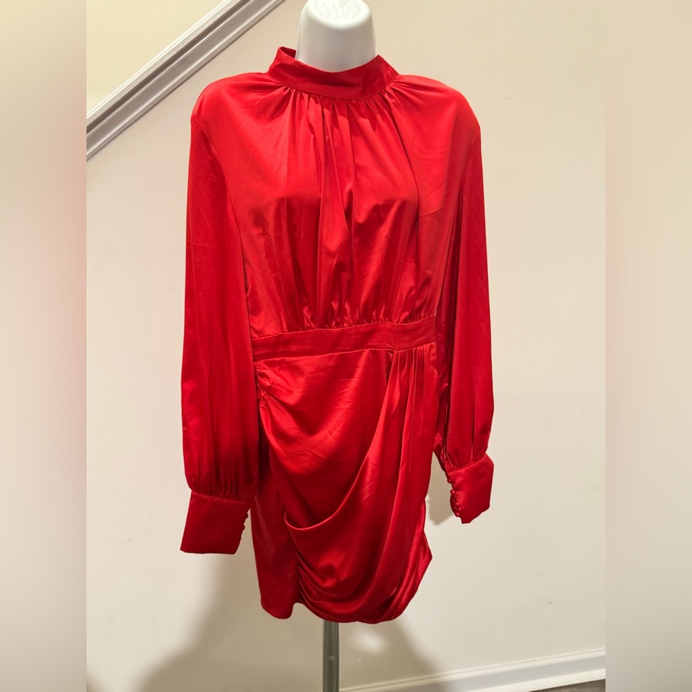 Red Ruched Sheath Cocktail Dress with Bishop Sleeves
